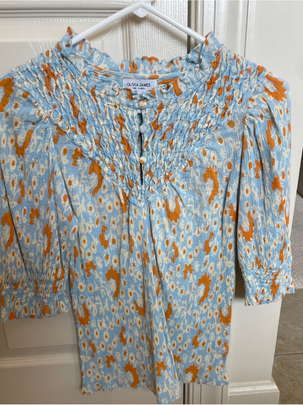 Olivia James Blue & Orange Floral Smocked Blouse